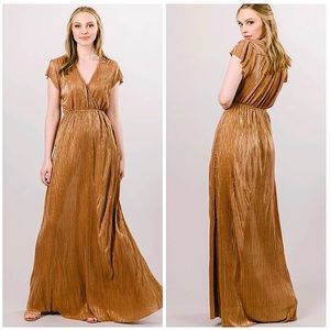 Gold & Bronze Metallic V-Neck Formal Dress